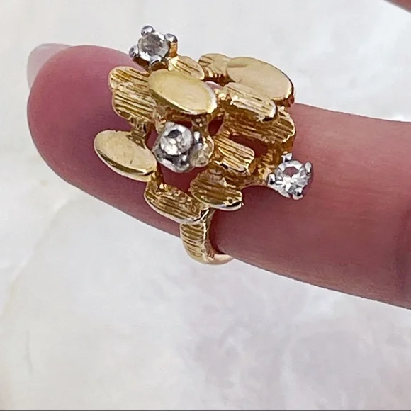 Vintage 18K HGE CZ Abstract Nugget Brutalist Ring Sz 5 Cocktail Statement Ring - Picture 9 of 13